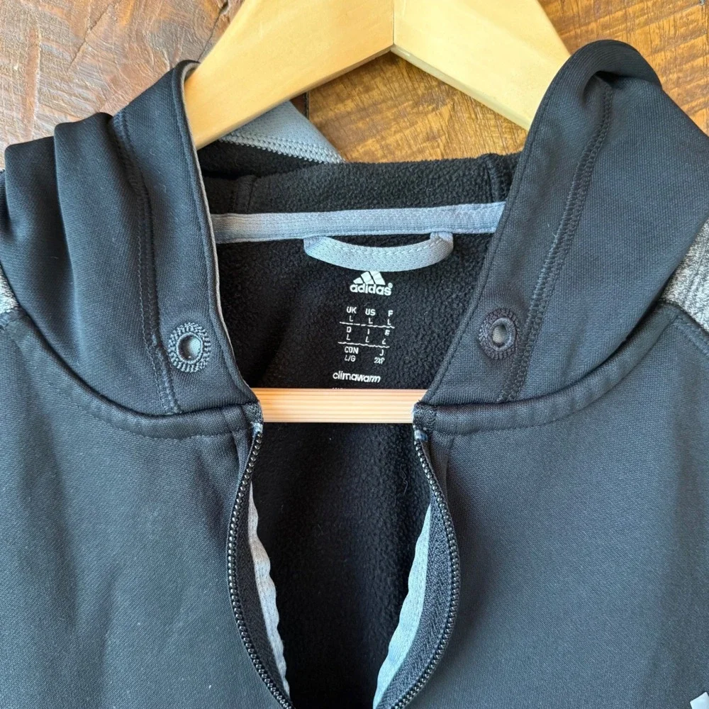 Adidas Full Zip Hoodie Mens Large Black Gray Climawarm Fleece Raglan Jacket